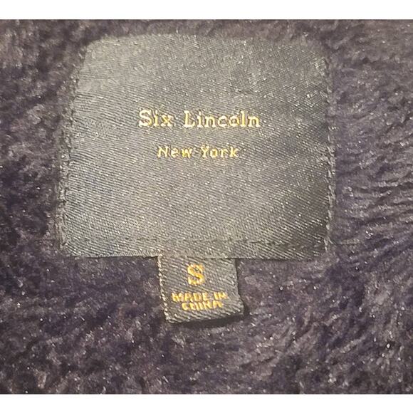 Six Lincoln sherpa lined black brown striped full zip mock neck sweater - small - Picture 2 of 4